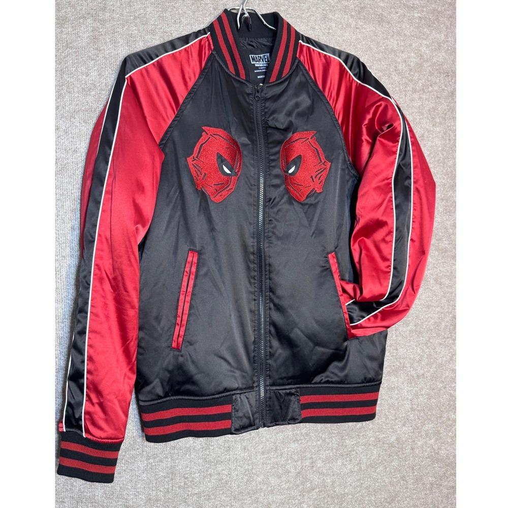 Marvel Deadpool Bomber Jacket Adult Small Black Red Satin Embroidered Gorpcore